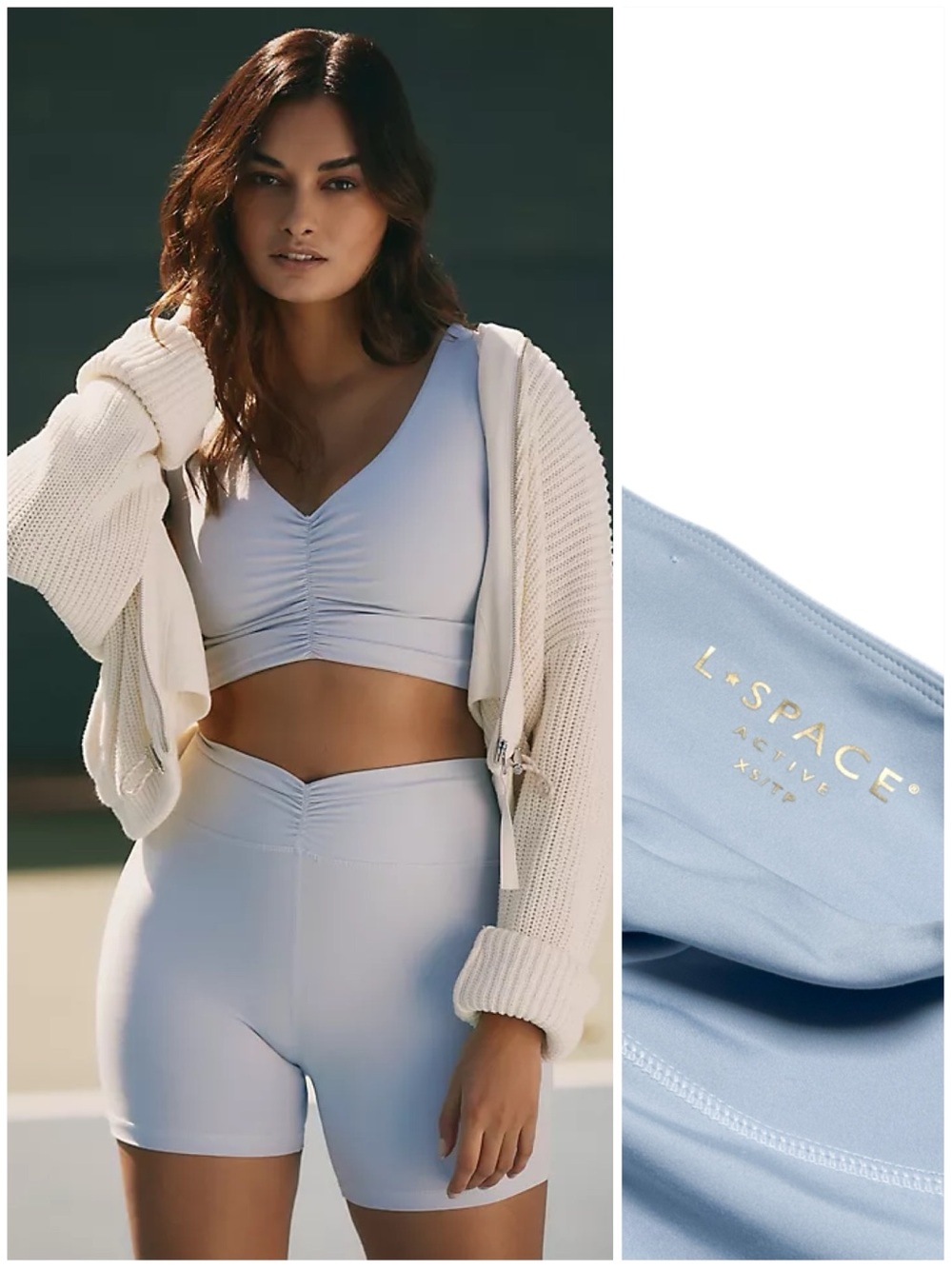 Anthropologie L*Space Warren Bike Shorts Ruched V Waist Powder Blue 4” Midi
